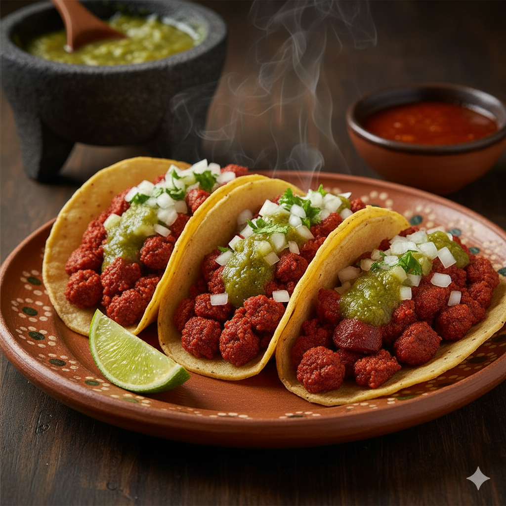 Tacos de chorizo sazonado con cilantro, cebolla y salsa en tortilla de maíz