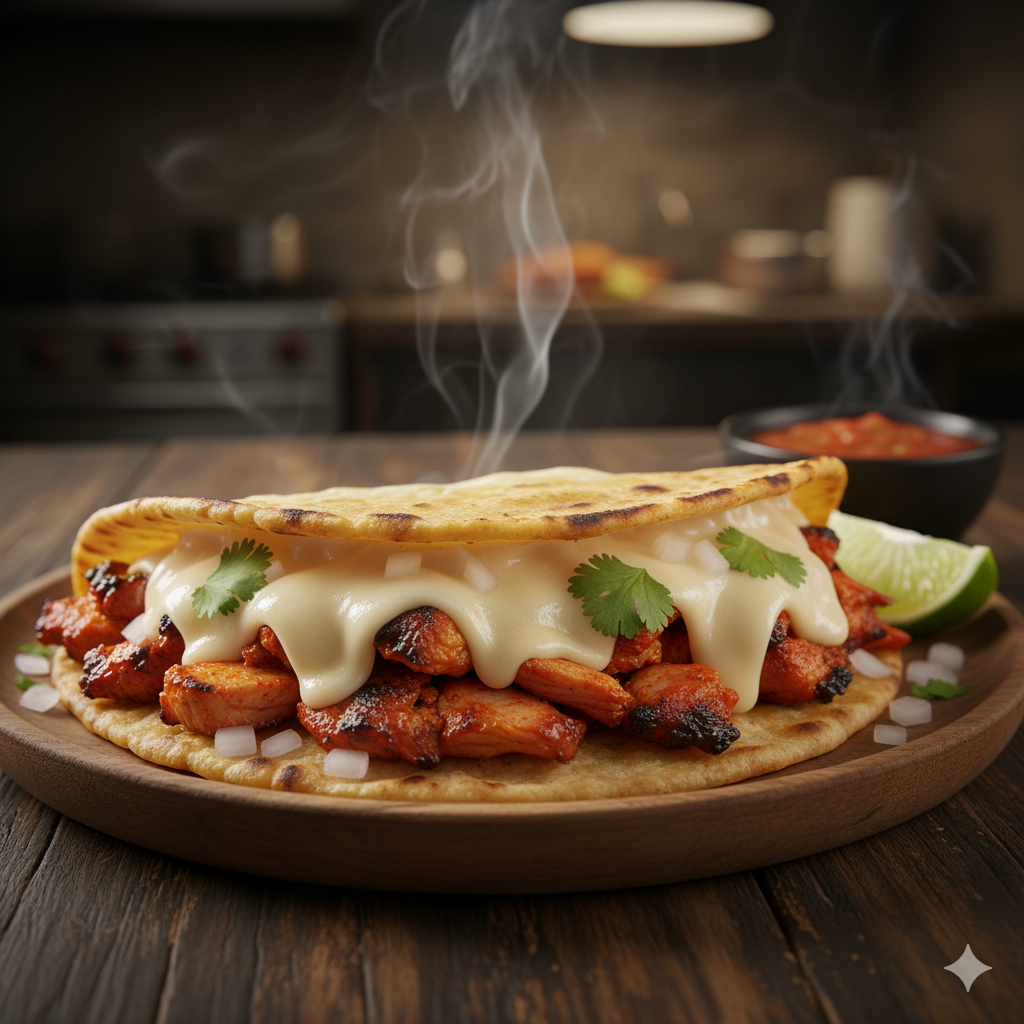 Gringa de tortilla de harina con carne al pastor, queso derretido y piña