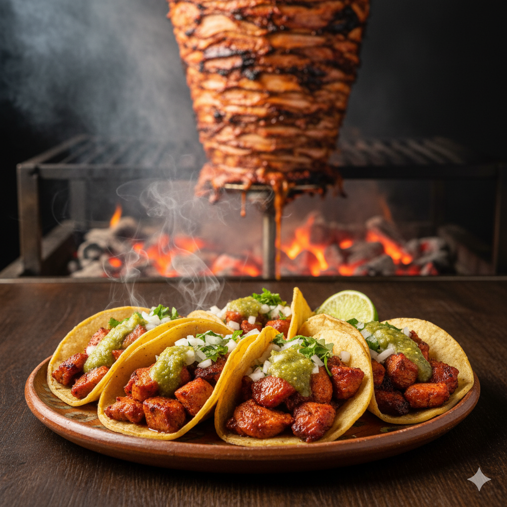 Tacos al pastor con carne marinada, piña, cilantro y cebolla en tortilla de maíz